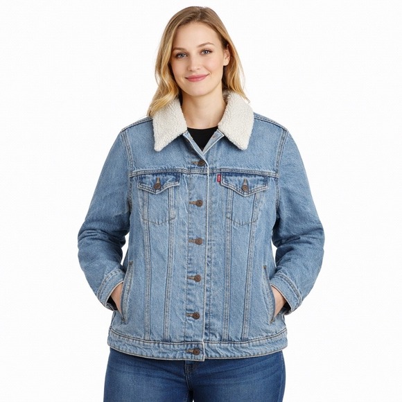 Levi's Jackets & Blazers - Levi's Denim Trucker Jacket Womens Plus 1X Blue Sherpa Quilted Button Front Chic